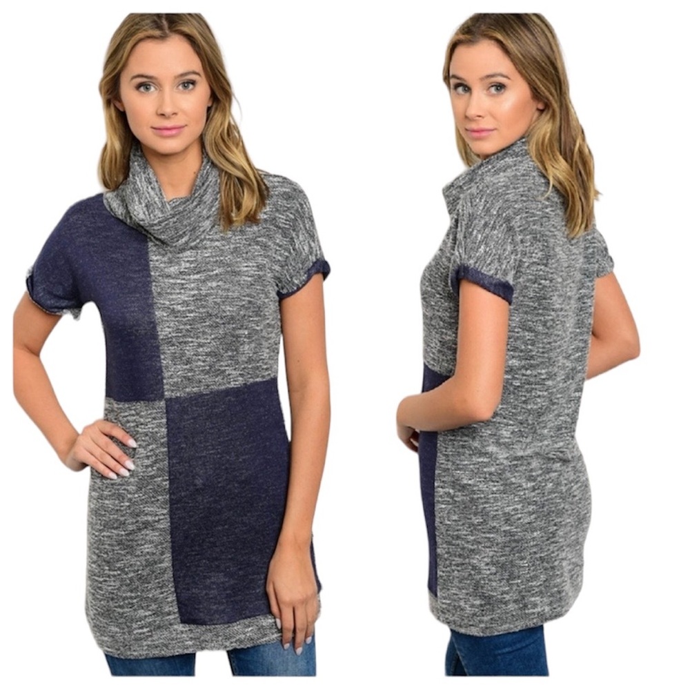 Patchwork Turtleneck Blue Black White Knit Short Sleeve Sweater Tunic Top